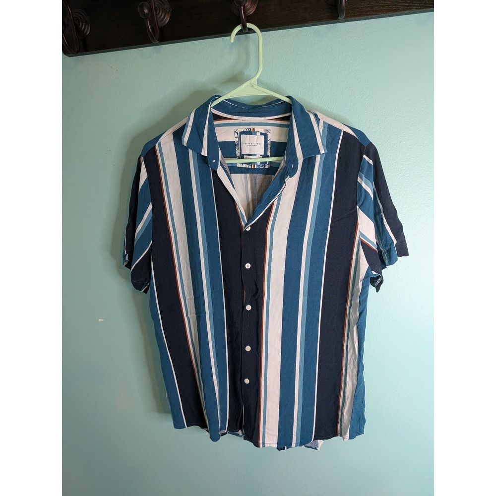 Denim & Flower Ricky Singh Mens Blue Striped Viscose Short Sleeve Shirt Size M